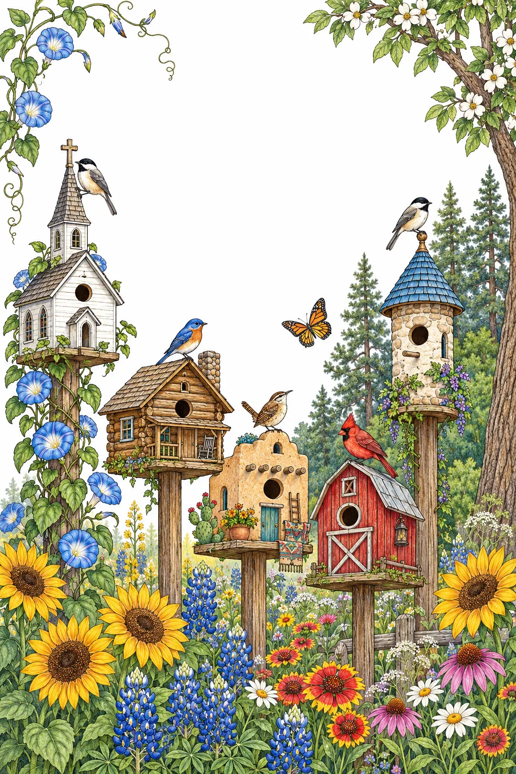 Painted birdhouses among sunflowers and bluebonnets, from the book cover