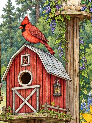 Red barn birdhouse with a cardinal on the roof