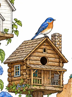 Log cabin birdhouse with a bluebird on the roof