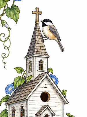 White church birdhouse with a steeple and a chickadee