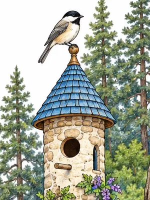 Stone tower birdhouse with a blue roof among pine trees